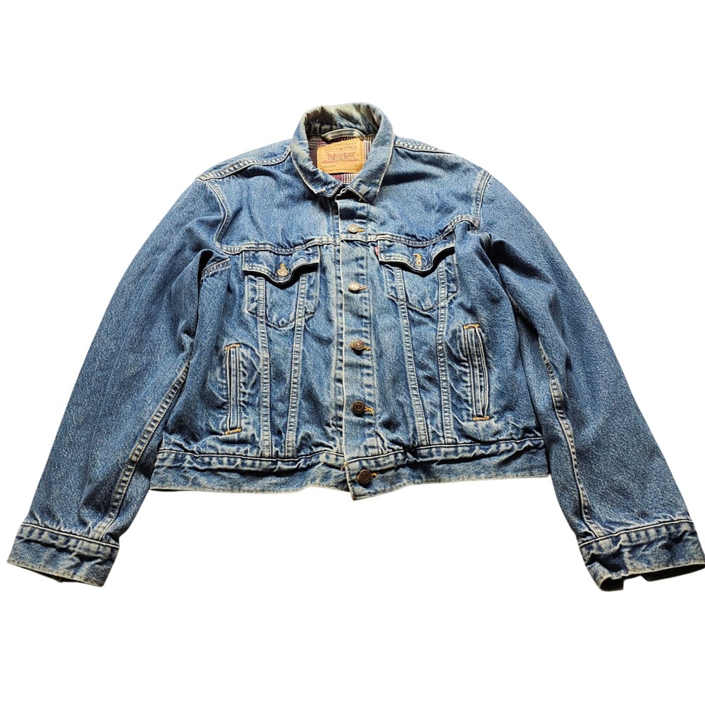 Levi's 70506-0216 Flannel Lined Denim Trucker Jacket Mens 44 Blue USA Made 90s